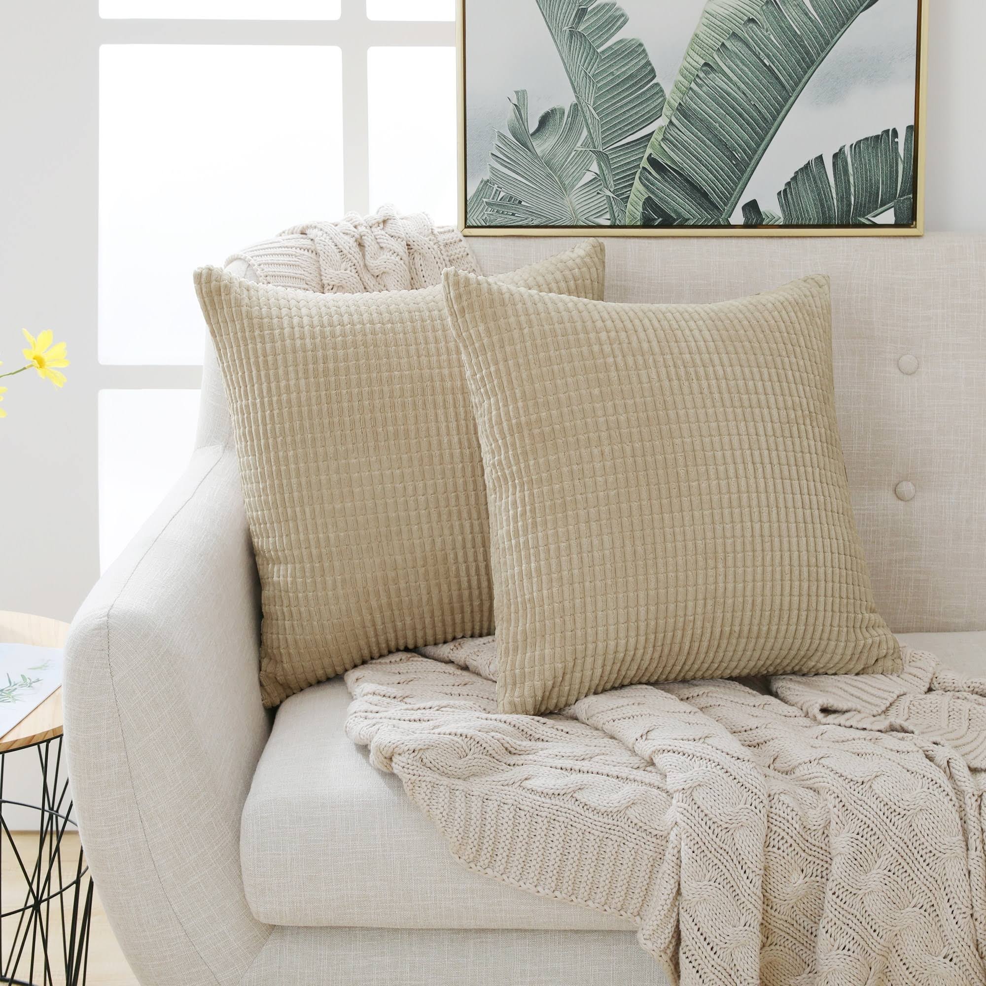 Deconovo Throw Pillow Covers 18x18 in Soft Corduroy Square Cushion Cover with Stripes Cases for Bedroom Sofa Living Room Couch Set of 2 Taupe