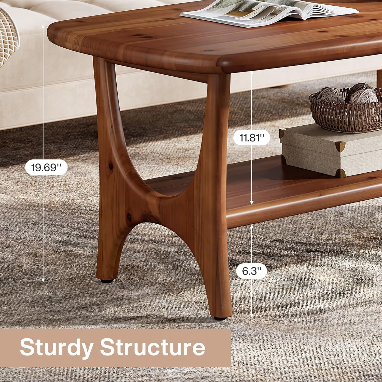 Fimind Solid Wood Coffee Table, 47.24" Mid - Century Modern Rectangle Center Table with 2 - Tier Storage Shelf for Living Room, Small Space