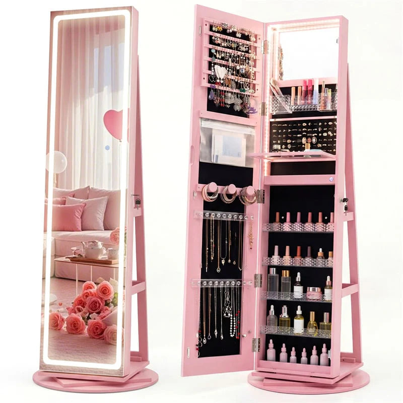 360° Swivel Jewelry Cabinet Armoire w/ Full Length Mirror 3-Color LED Lights & Rear Shelves, Lockable Standing Jewelry Storage Organizer