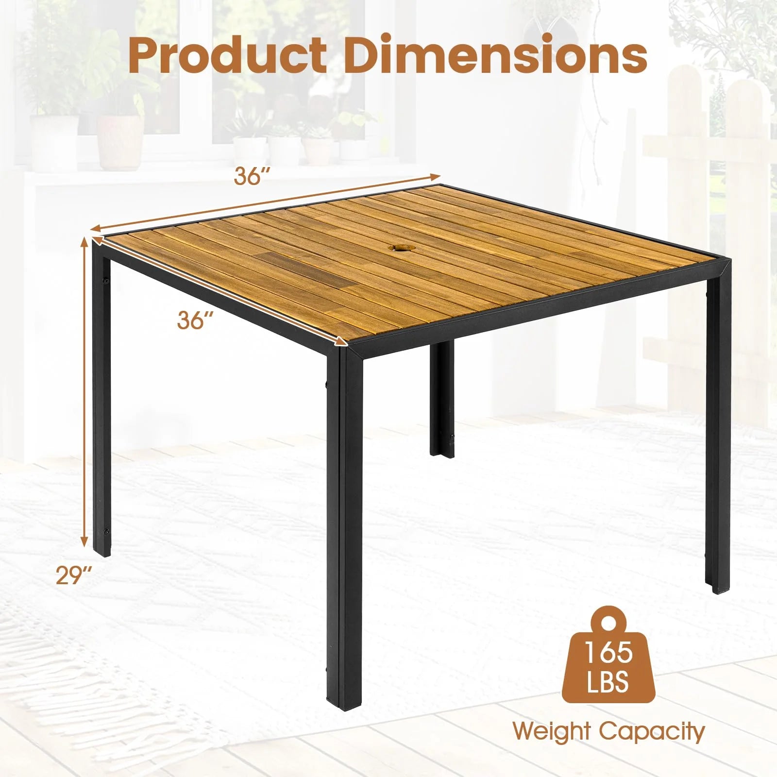 Tangkula 36" Square Acacia Wood Patio Dining Table 1.97" Umbrella Hole and Heavy Duty Metal Frame