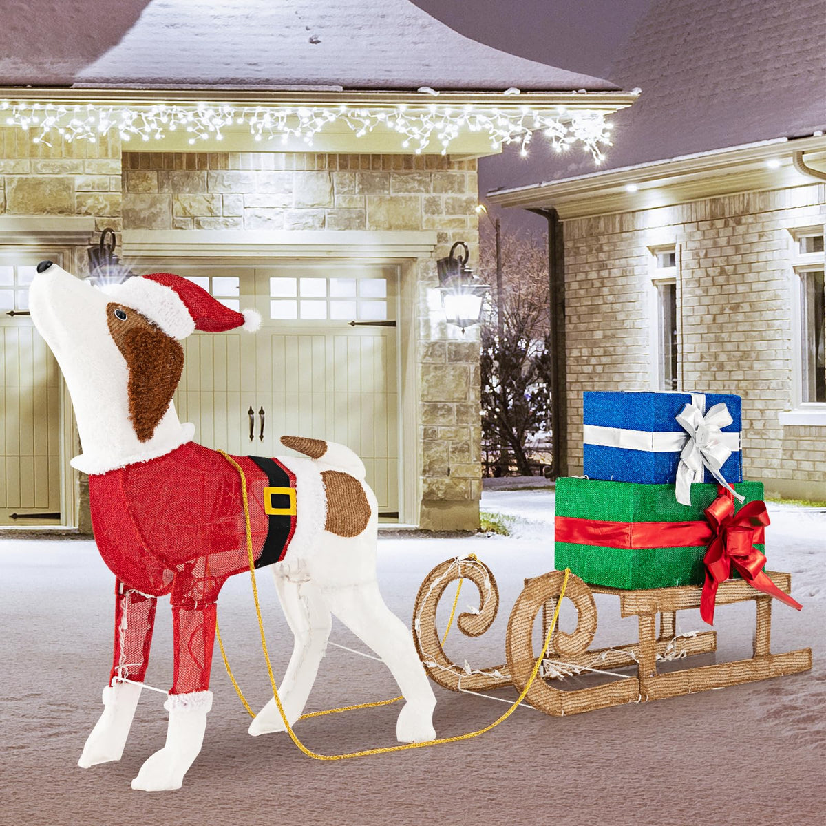 Tangkula Lighted Christmas Dog with Sleigh & Gift Boxes Combo Decorations