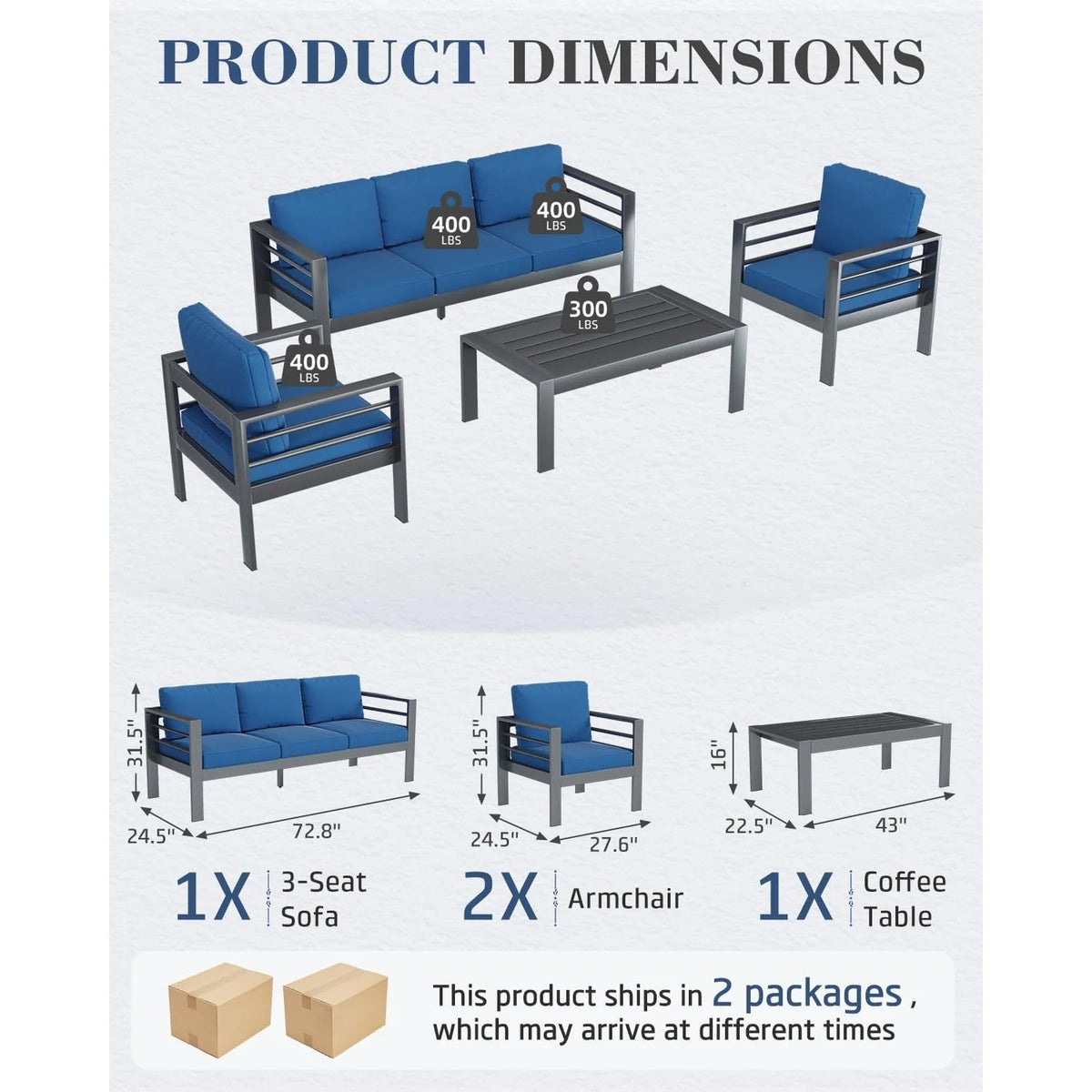 AECOJOY Aluminum Patio Furniture Set, 4 Pieces Outdoor Sectional Sofa Set, Blue