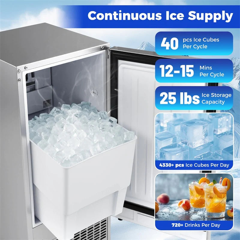 110 LBS/24H Commercial Ice Maker, 15" Built-in Undercounter Ice Machine with 25 LBS Storage & Reversible Door for Home Bar, Restaurant
