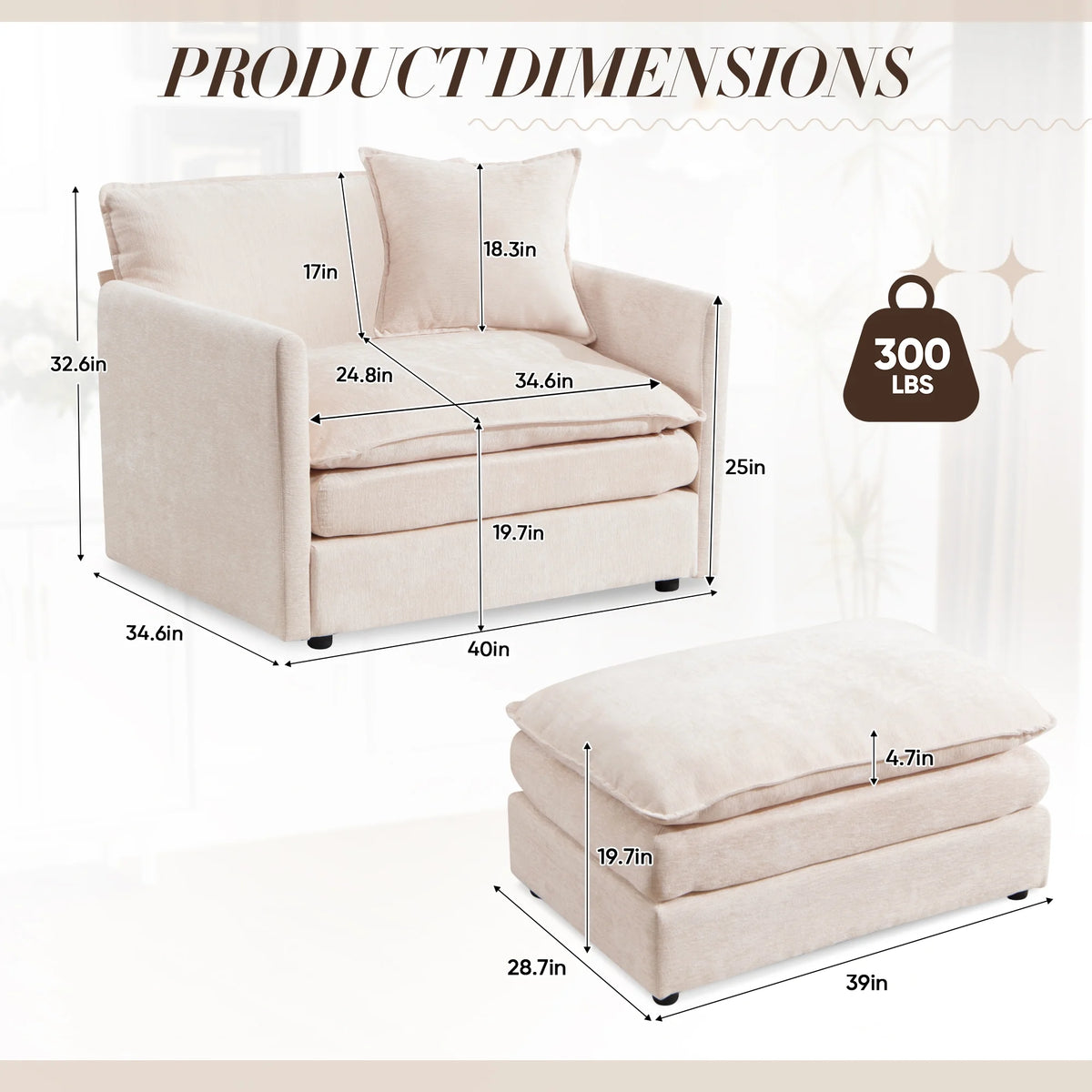 Muumblus Oversized Lounge Chair with Ottoman, Cloud Accent Armchair for Living Room, Beige Chenille