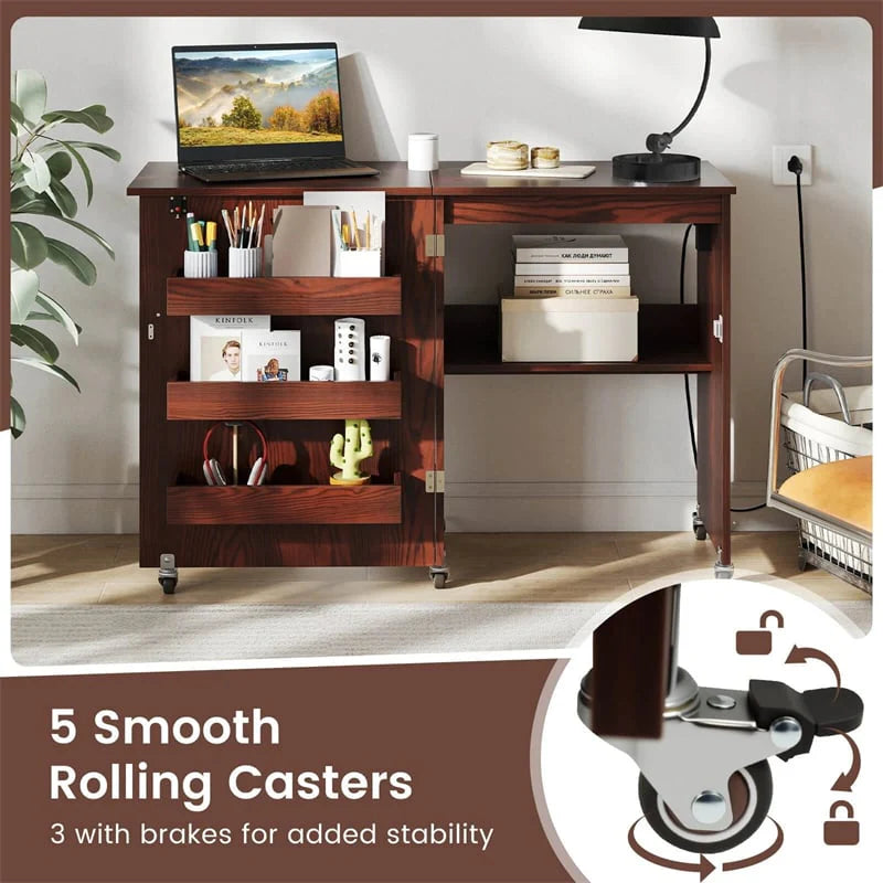 Folding Sewing Table with Charging Station, Rolling Craft Table w/ 3 Storage Trays & Shelf, Mobile Sewing Machine Cabinet for Small Spaces