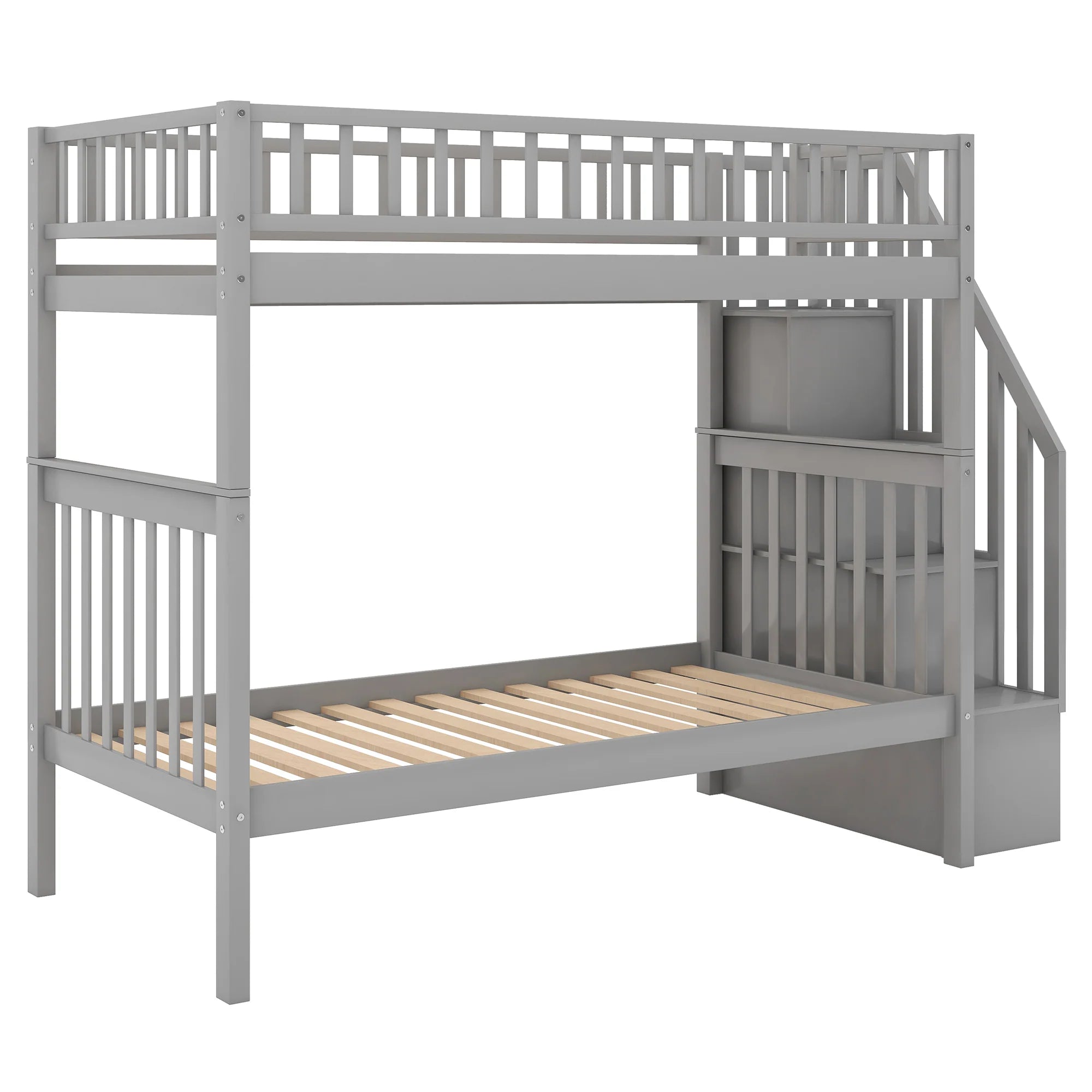 AECOJOY Twin Over Twin Bunk Bed with Trundle and Storage, Solid Pine Wood White