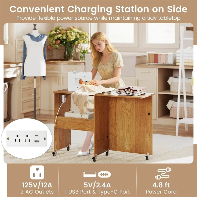 Folding Sewing Table with Charging Station, Rolling Craft Table w/ 3 Storage Trays & Shelf, Mobile Sewing Machine Cabinet for Small Spaces