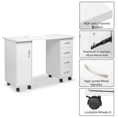 Sesslife White Computer Desk, Writing Desk with Lockable Wheels???modern Wood Study Desk with 4 Drawers for Home Office Workstation