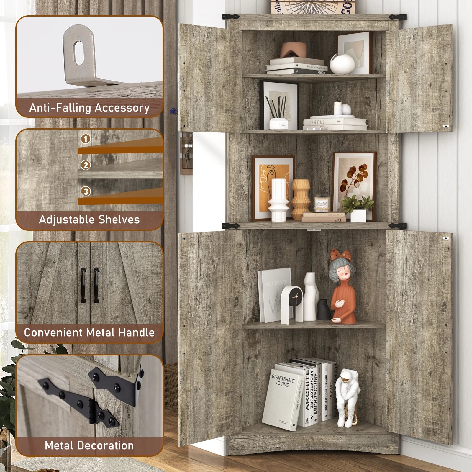 Blotout 68" Tall Farmhouse Corner Cabinet with 4 Doors, 28.3" W Barn Door Storage Cabinet with Adjustable Shelves, 5 Tier Corner Storage Cabinet for Bathroom, Living Room, Kitchen