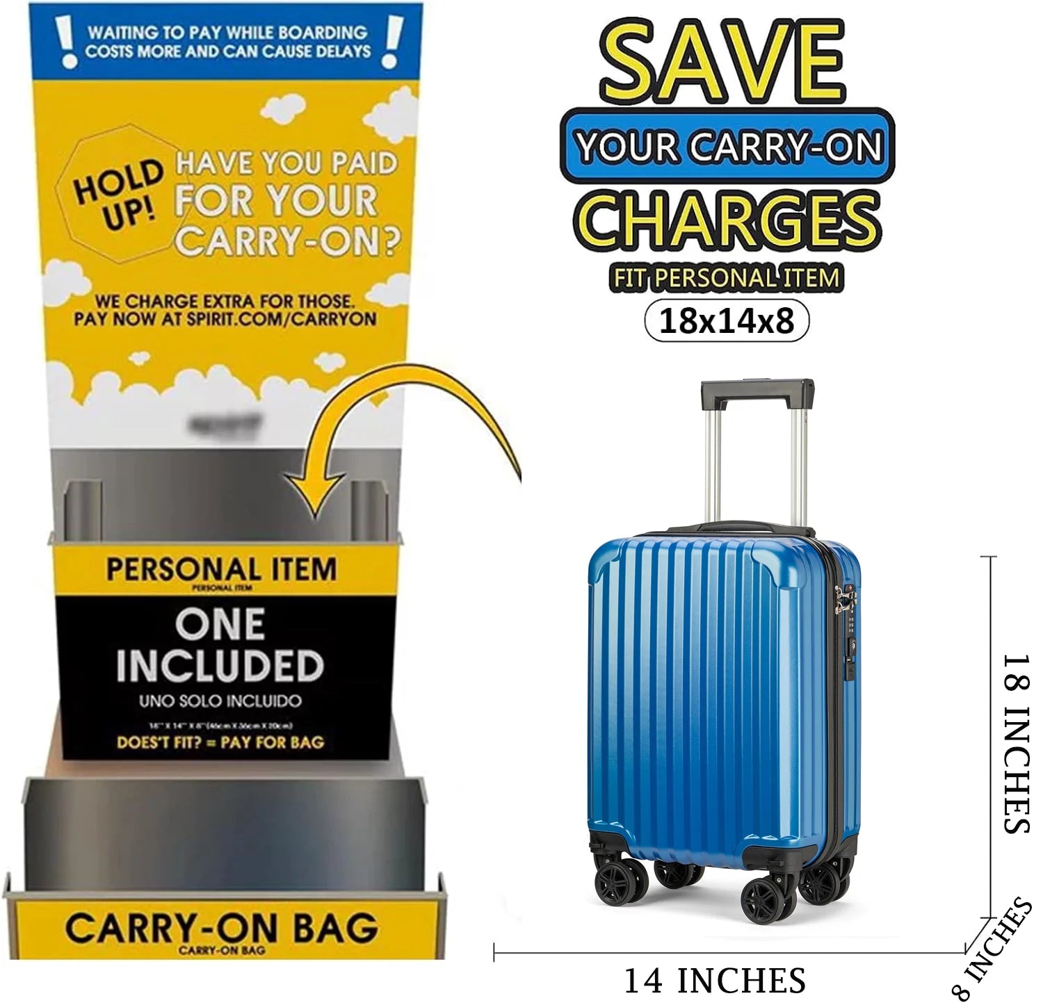 Personal Item Suitcase 18x14x8 Inches Hardside Built in TSA Lock & USB Port Lightweight Luggage with Removable Silent Wheels Underseat Carry - on Bag for Spirit and Frontier and More (Blue)