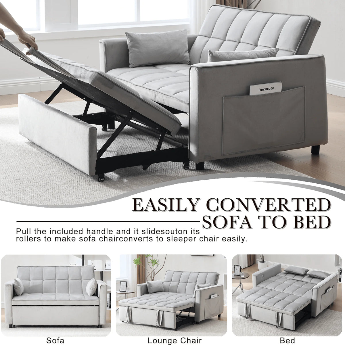 Velvet 3 - in - 1 Convertible Sofa Bed - USB Charging, Adjustable Backrest Pull - Out Couch Loveseat Sleeper for Living Room, Apartment & Small Space, Black