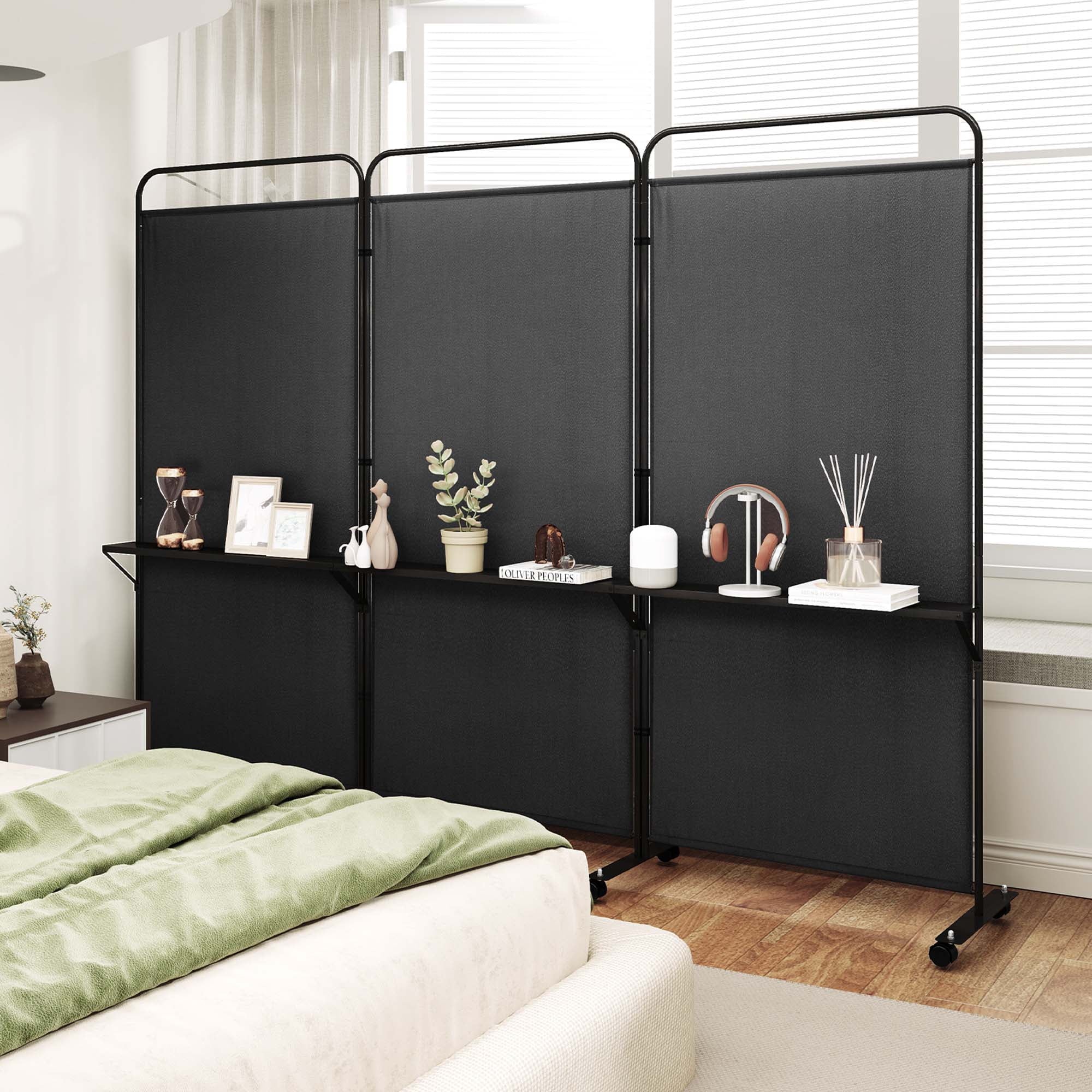 Costway 3 - Panel Room Divider with Storage Shelves 6FT Tall Folding Privacy Screen on Wheels Black