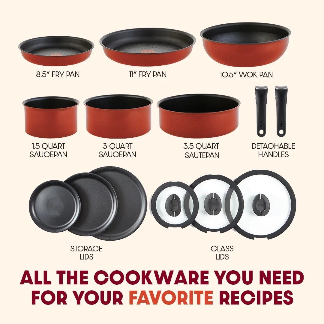 T - Fal Ingenio Expertise Nonstick 14 - Piece Cookware Set, Induction Oven Safe up to 500F, Detachable Handle, Onyx Black