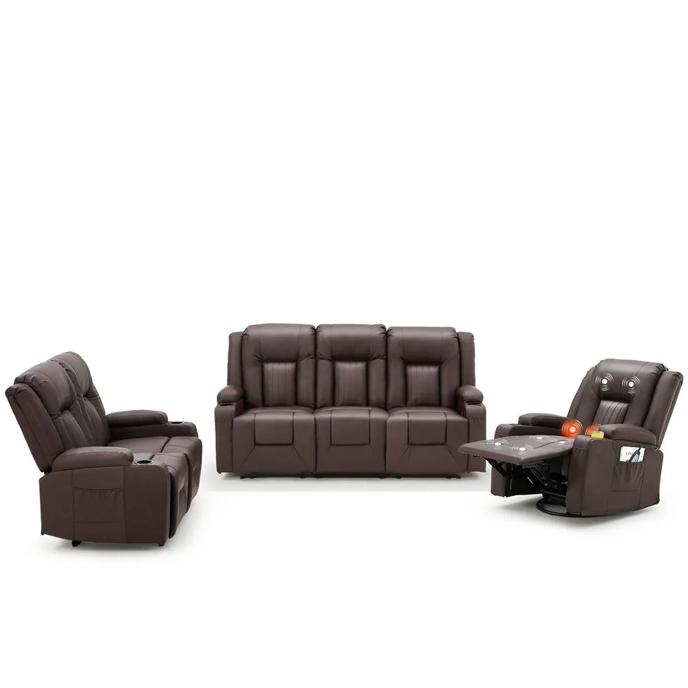 AECOJOY 3 PCS Leather Recliner Sofa Set with Swivel Massage Chair, Brown