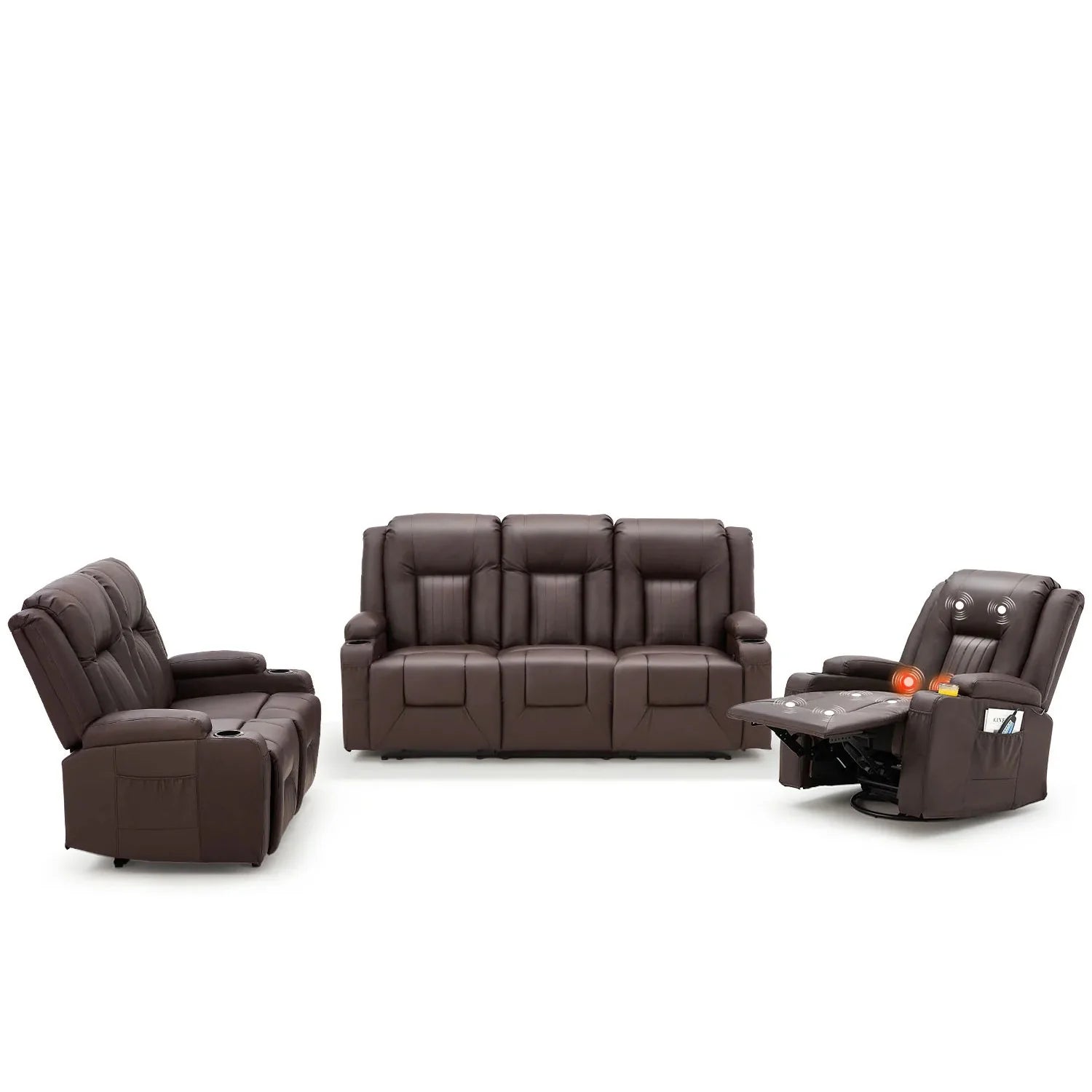 AECOJOY 3 PCS Leather Recliner Sofa Set with Swivel Massage Chair, Brown