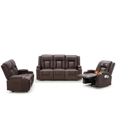 AECOJOY 3 PCS Leather Recliner Sofa Set with Swivel Massage Chair, Brown