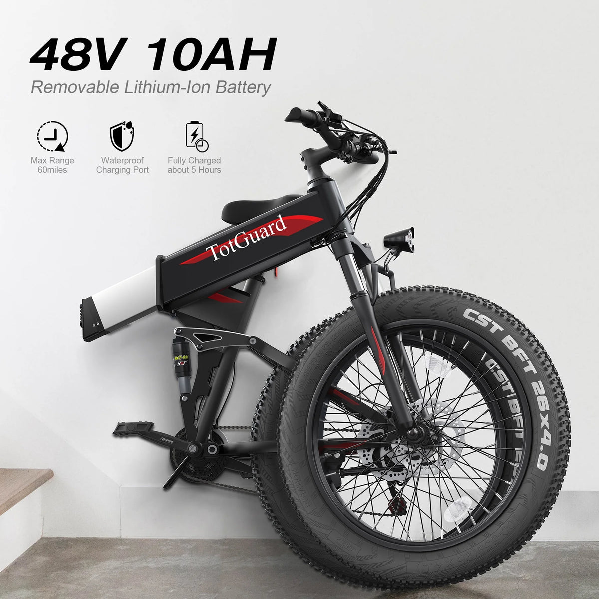 Totguard 26"x4" Electric Bike, Fat Tire 500W Ebike, Foldable Electric Bicycles E Bikes for Adults Electric 48V 10ah Battery, Dual Shock Absorber, Lockable Fork UL2849