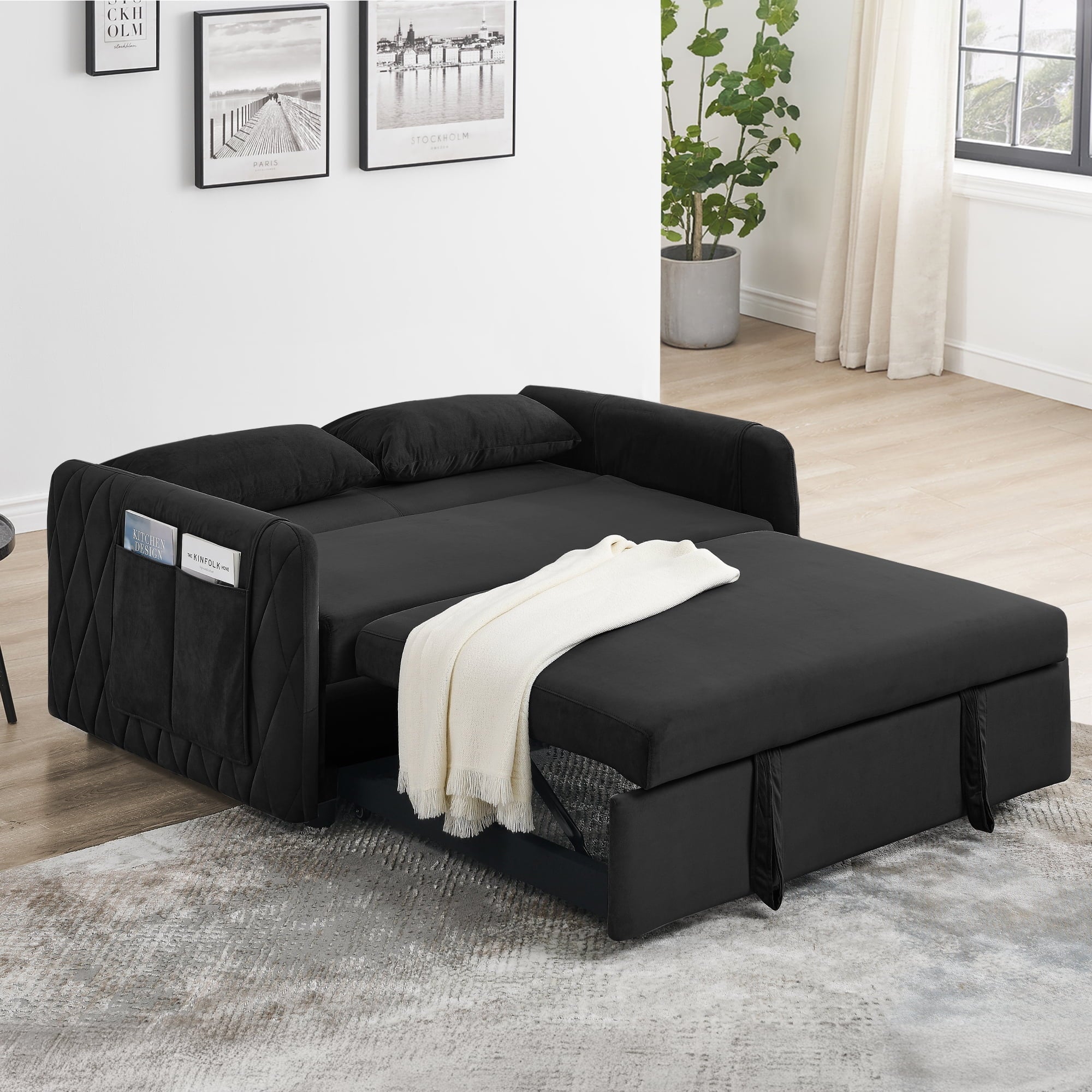 Convertible Sofa Bed, 3 in 1 Sleeper Sofa with 2 Pillows and Adjustable Backrest for Living Room Office, Black