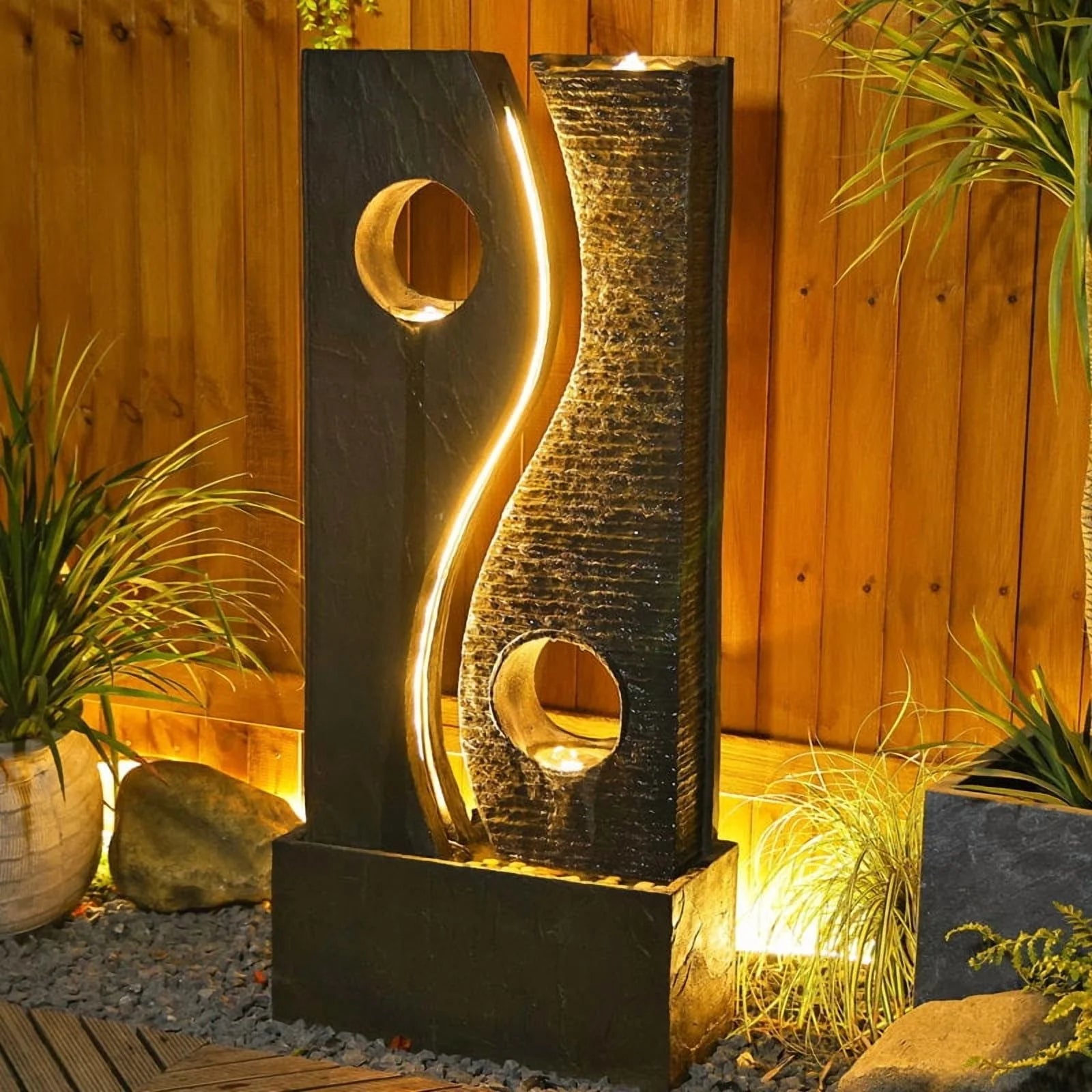 Water Feature Fountain Outdoor Garden Waterfall Faux Rust Finish with LED Lights for Patio Yard Pool Home Decor