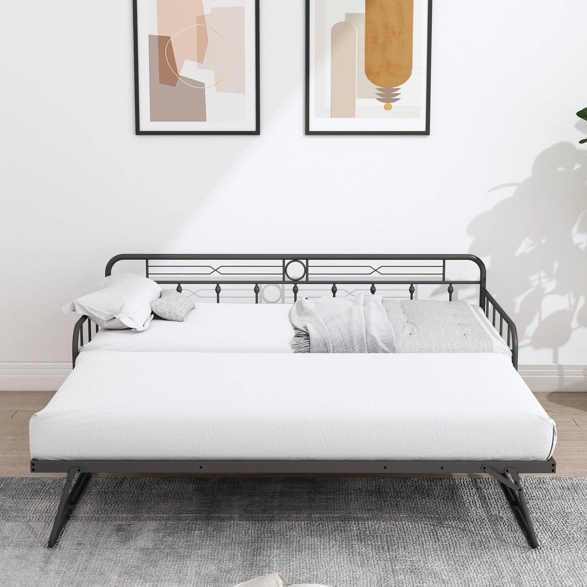 Sesslife Metal Daybed with Adjustable Trundle, Twin Size Daybed with Twin Size Pop up Trundle Bed, Heavy - Duty Sofa with Portable Folding Trundle Bed for Bedroom Living Room (Black)