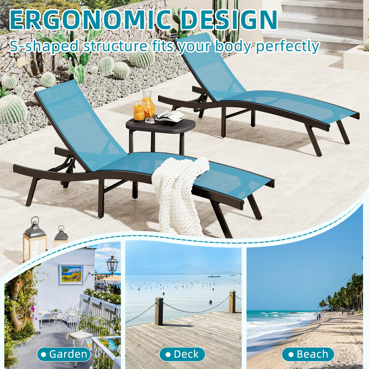 AECOJOY Outdoor Chaise Lounge, All Weather Pool Lounge Chairs Ergonomic Design (Blue, 2 PCs)