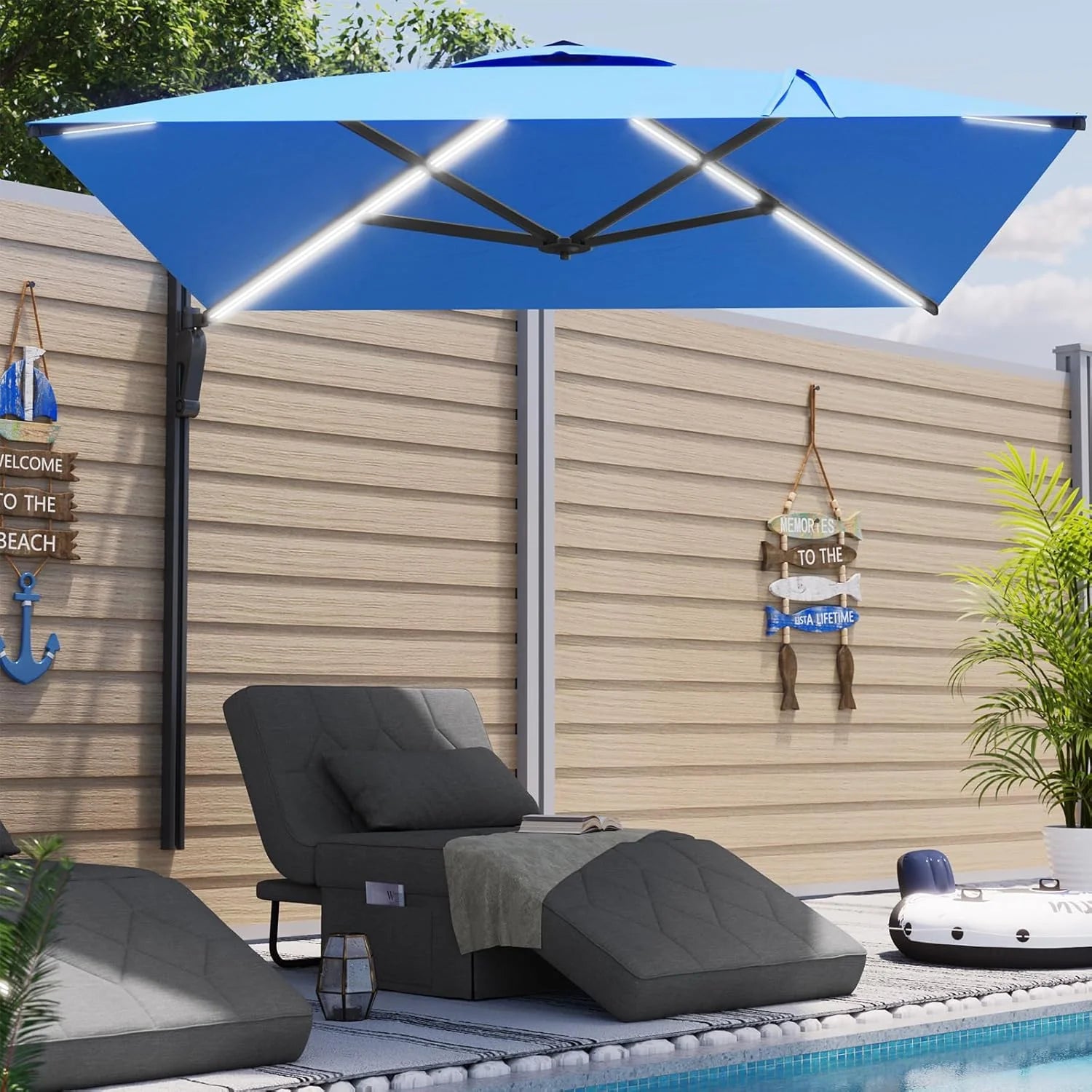 AECOJOY 10FT Large Patio Umbrella with Solar Lights, Rectangle Wall Mounted Outdoor Patio Umbrella, Blue