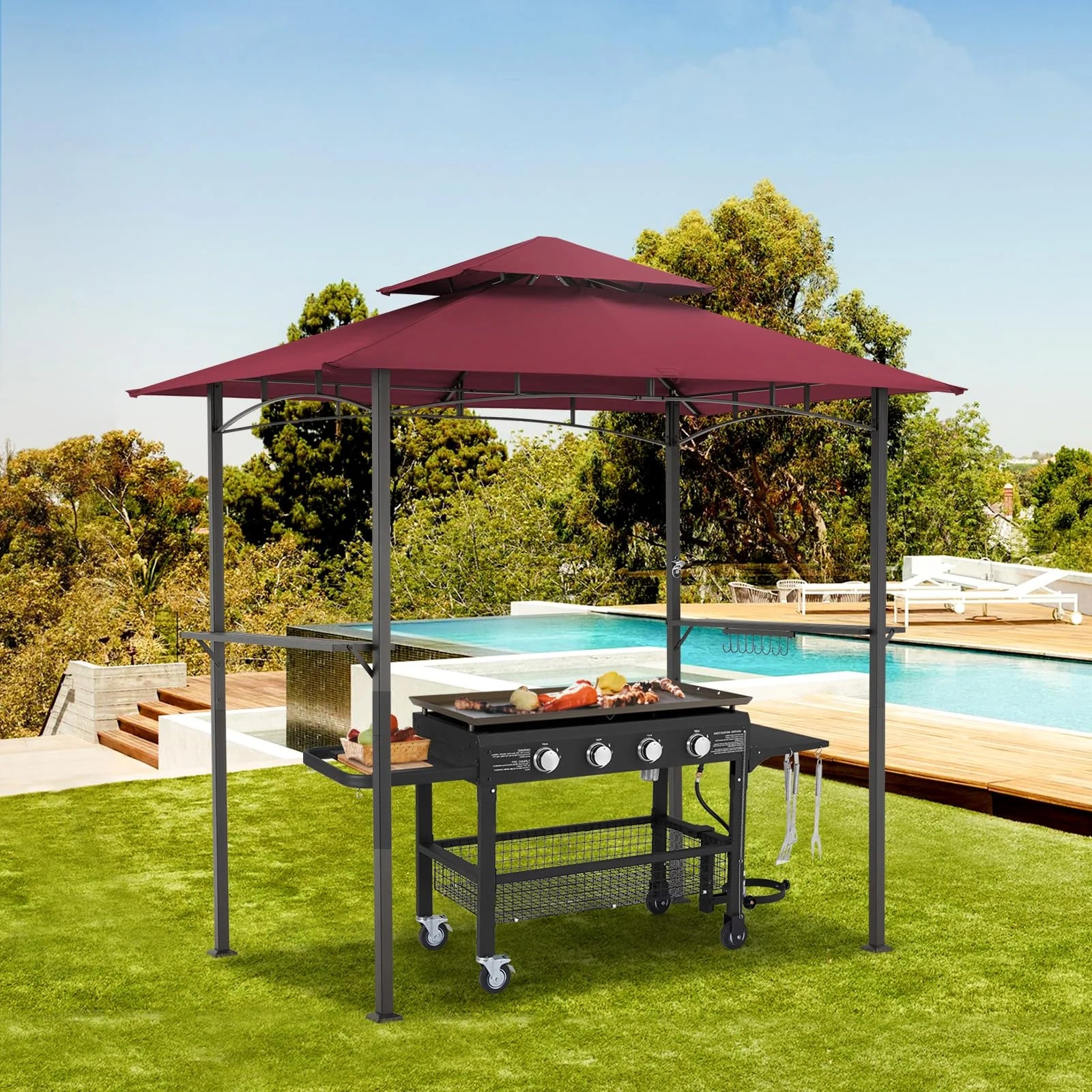 AECOJOY Grill Gazebo 8’x 5’ Outdoor Patio Backyard BBQ Grill Shelter, Red