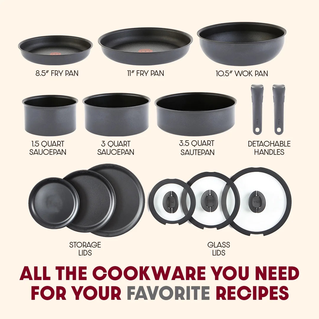 T - Fal Ingenio Expertise Nonstick 14 - Piece Cookware Set, Induction Oven Safe up to 500F, Detachable Handle, Onyx Black