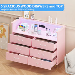 Garvee Dresser for Bedroom 6 Drawer with LED Light & Charging Station, Wooden Dressers and Chests of Drawers with 2 - Tier Open Shelves, Wide Dresser Organizer for Living Room Hallway Entryway, Pink