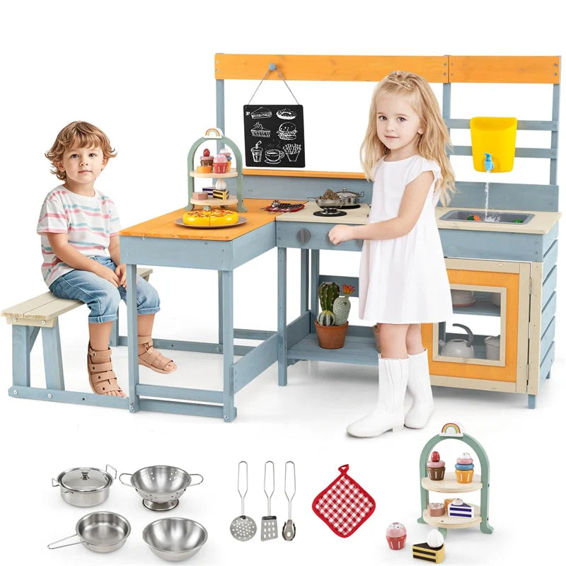 2-in-1 Mud Kitchen & Kids Picnic Table Built-in Bench, Fir Wood Outdoor Play Kitchen Playset with Blackboard, Sink & Cooking Accessories for Ages 3+