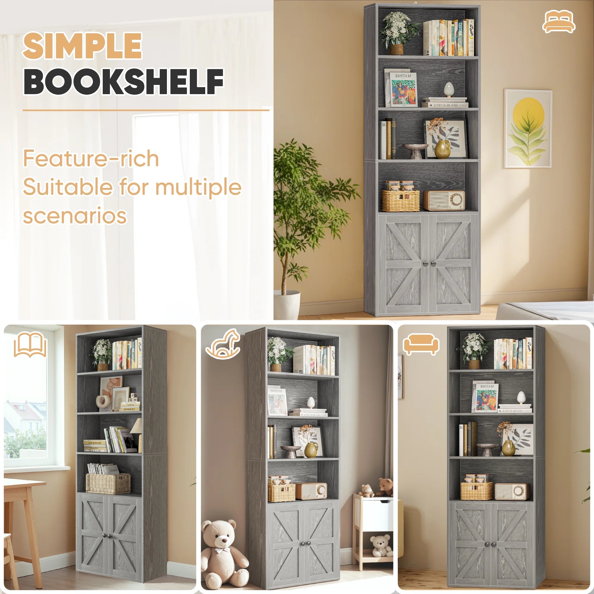 Furmax 1 Piece 4 - Shelf Farmhouse Bookcases 4 - Tier Bookshelf with Adjustable Shelves&Doors, Storage Cabinet for Home Living Room, Kitchen, Office, White
