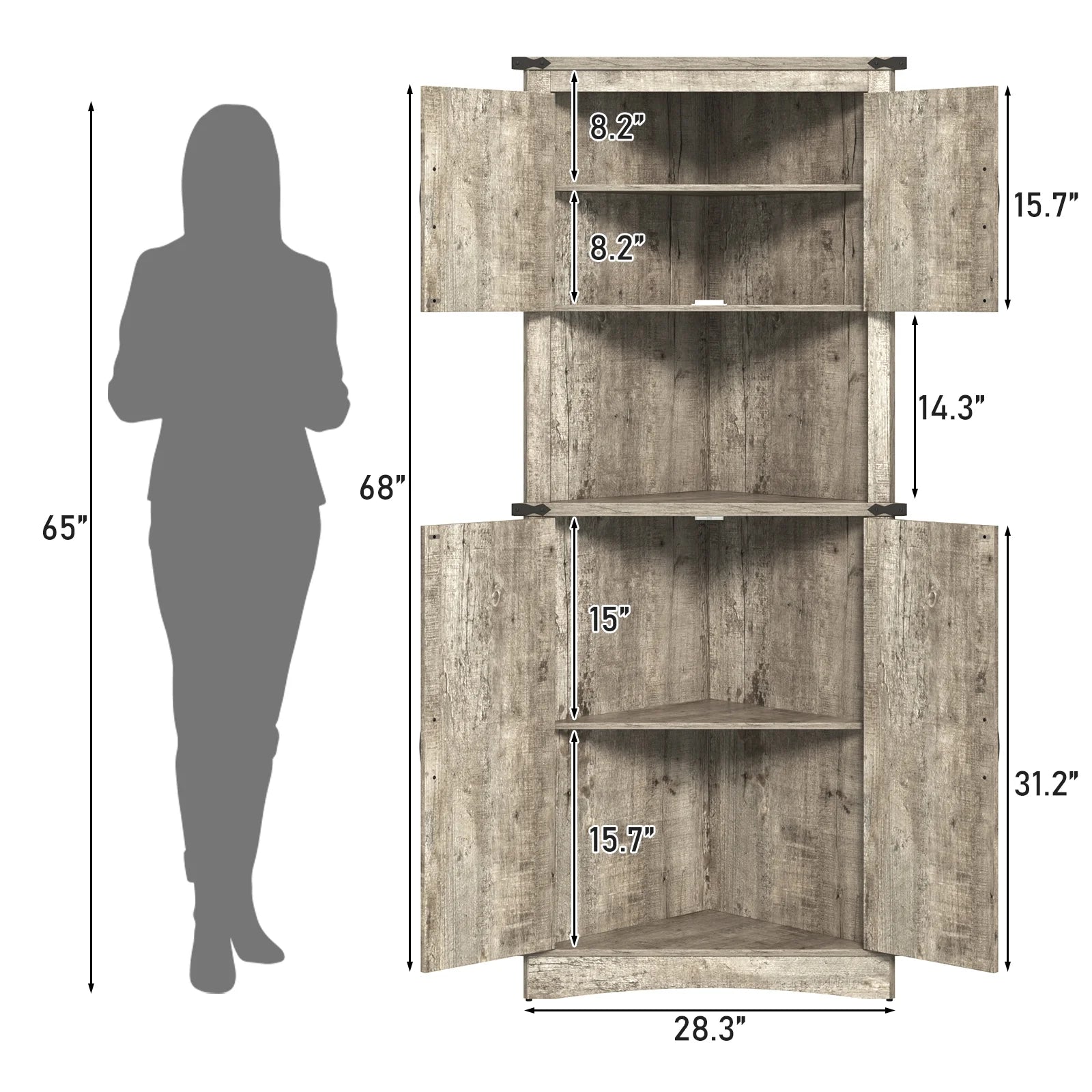 Blotout 68" Tall Farmhouse Corner Cabinet with 4 Doors, 28.3" W Barn Door Storage Cabinet with Adjustable Shelves, 5 Tier Corner Storage Cabinet for Bathroom, Living Room, Kitchen