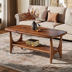 Fimind Solid Wood Coffee Table, 47.24" Mid - Century Modern Rectangle Center Table with 2 - Tier Storage Shelf for Living Room, Small Space