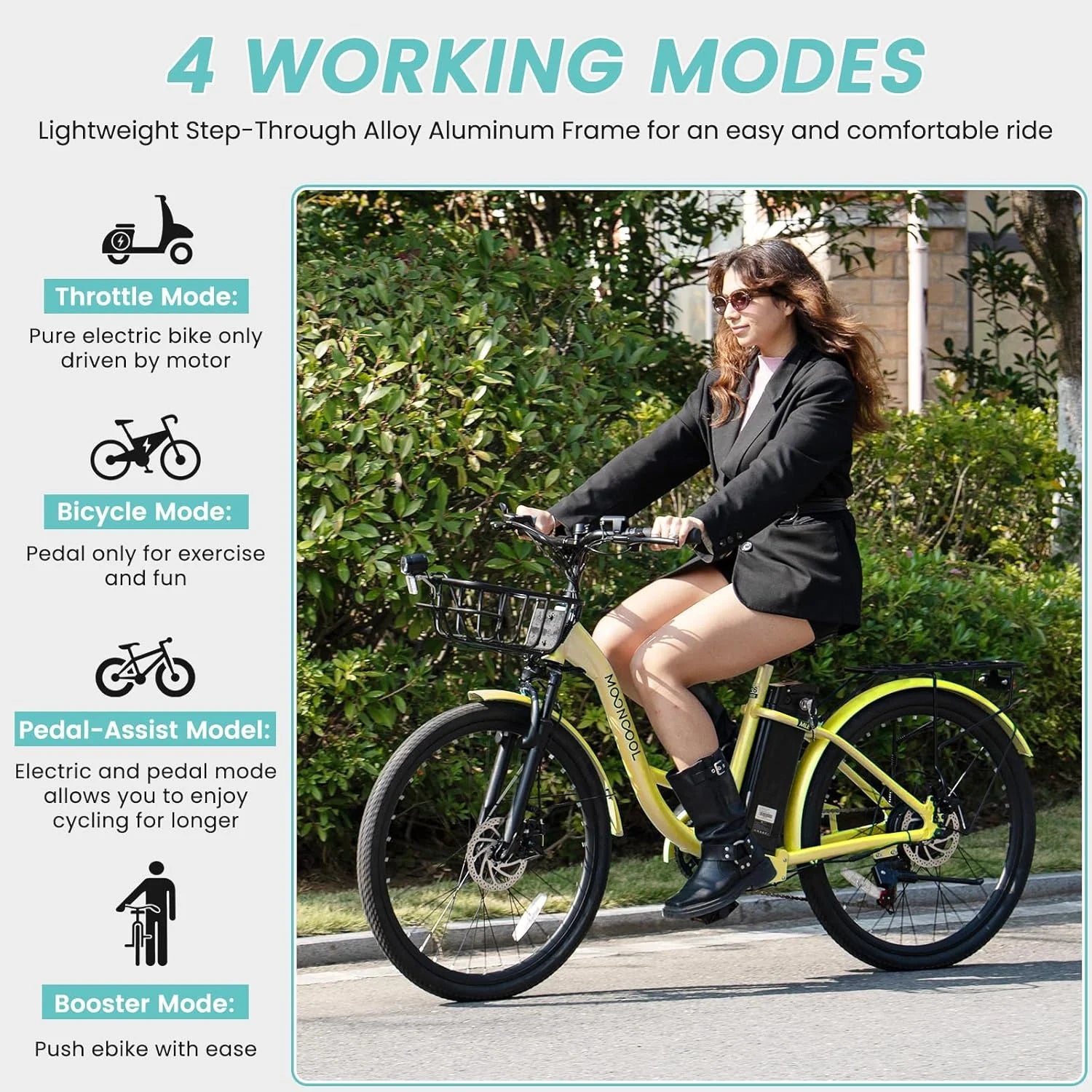 MOONCOOL Electric Bicycle for Adults 350W, 7 - Speed Ebike with 36V 10.4ah Removable Battery， 40 Miles Range, 20 Mph Electric Commuter Bike for Women Men, Certified to UL 2849 by SGS