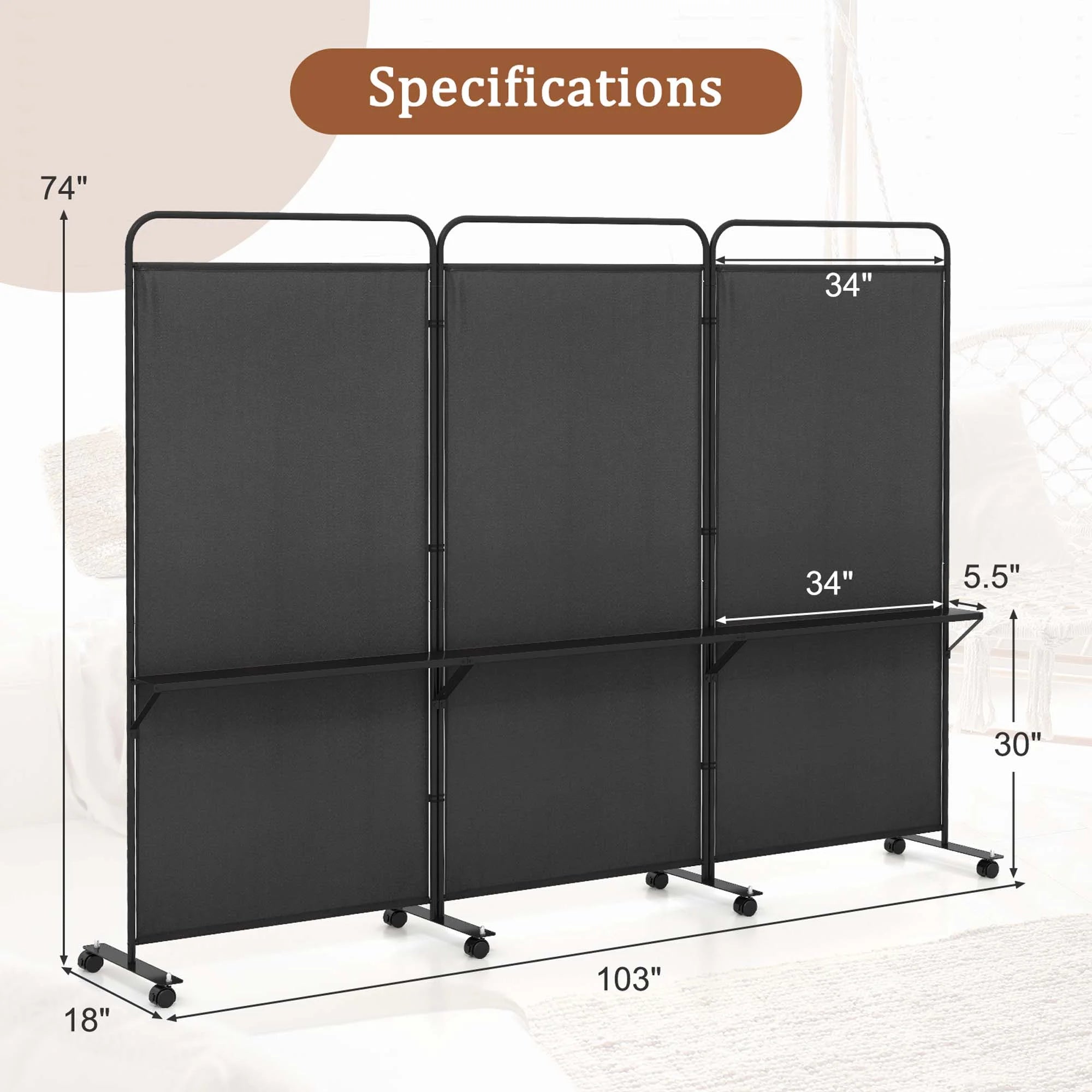 Costway 3 - Panel Room Divider with Storage Shelves 6FT Tall Folding Privacy Screen on Wheels Black