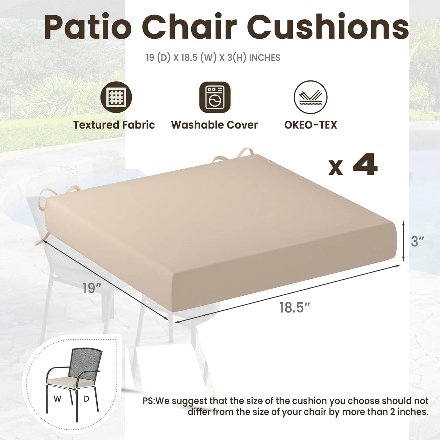 AECOJOY Outdoor Chair Cushions, 19 x 19 x 3 Inch Seat Cushions for Patio Furniture, Splashproof & Fade Resistant, Beige&Dark Grey