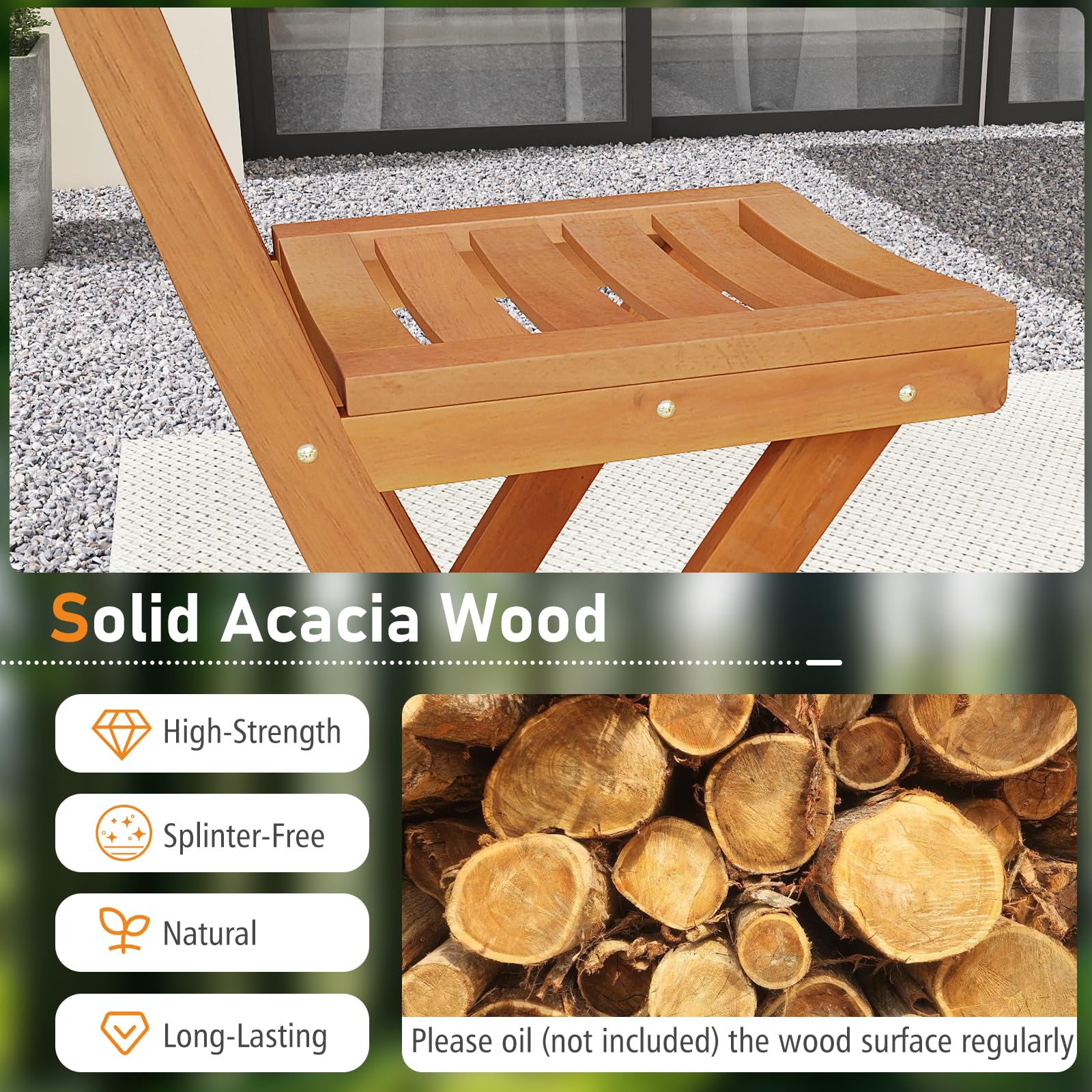 Tangkula Outdoor Portable High Top Acacia Wood Bar Height Chair with Backrest & Footrest