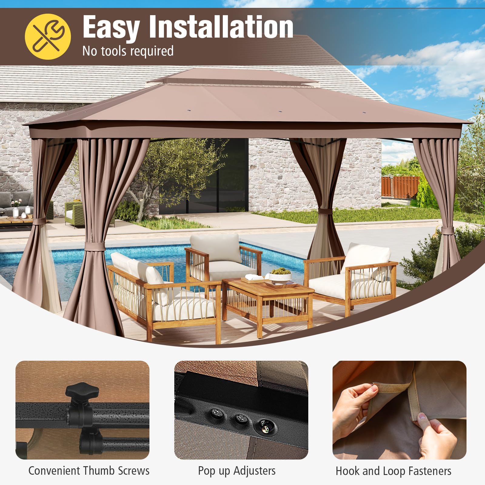 Tangkula 10x13 FT Metal Patio Gazebo with Mesh Netting & Privacy Curtains