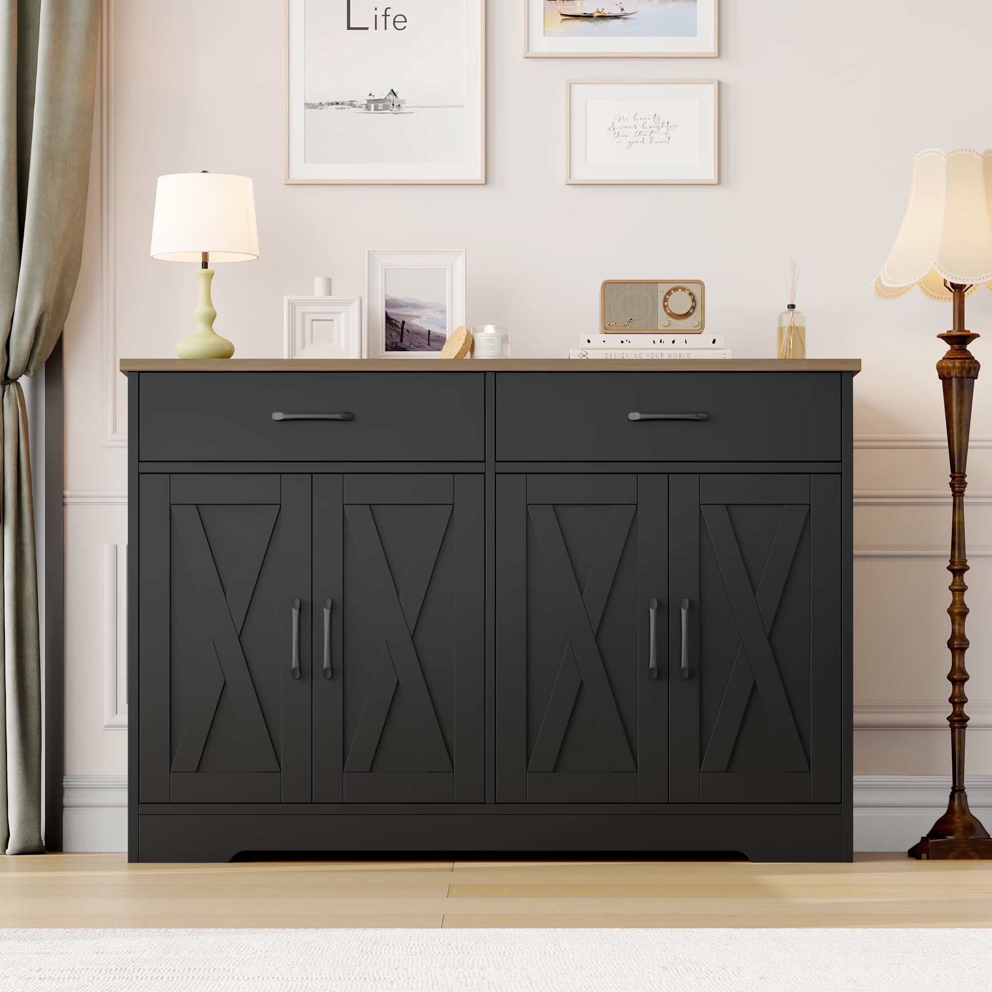 Hiphuta 47"farmhouse Sideboard Storage Cabinets with 4 Doors & 2 Drawers, Coffee Bar with Brown Top for Living Room, White
