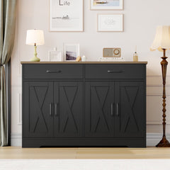 Hiphuta 47"farmhouse Sideboard Storage Cabinets with 4 Doors & 2 Drawers, Coffee Bar with Brown Top for Living Room, White