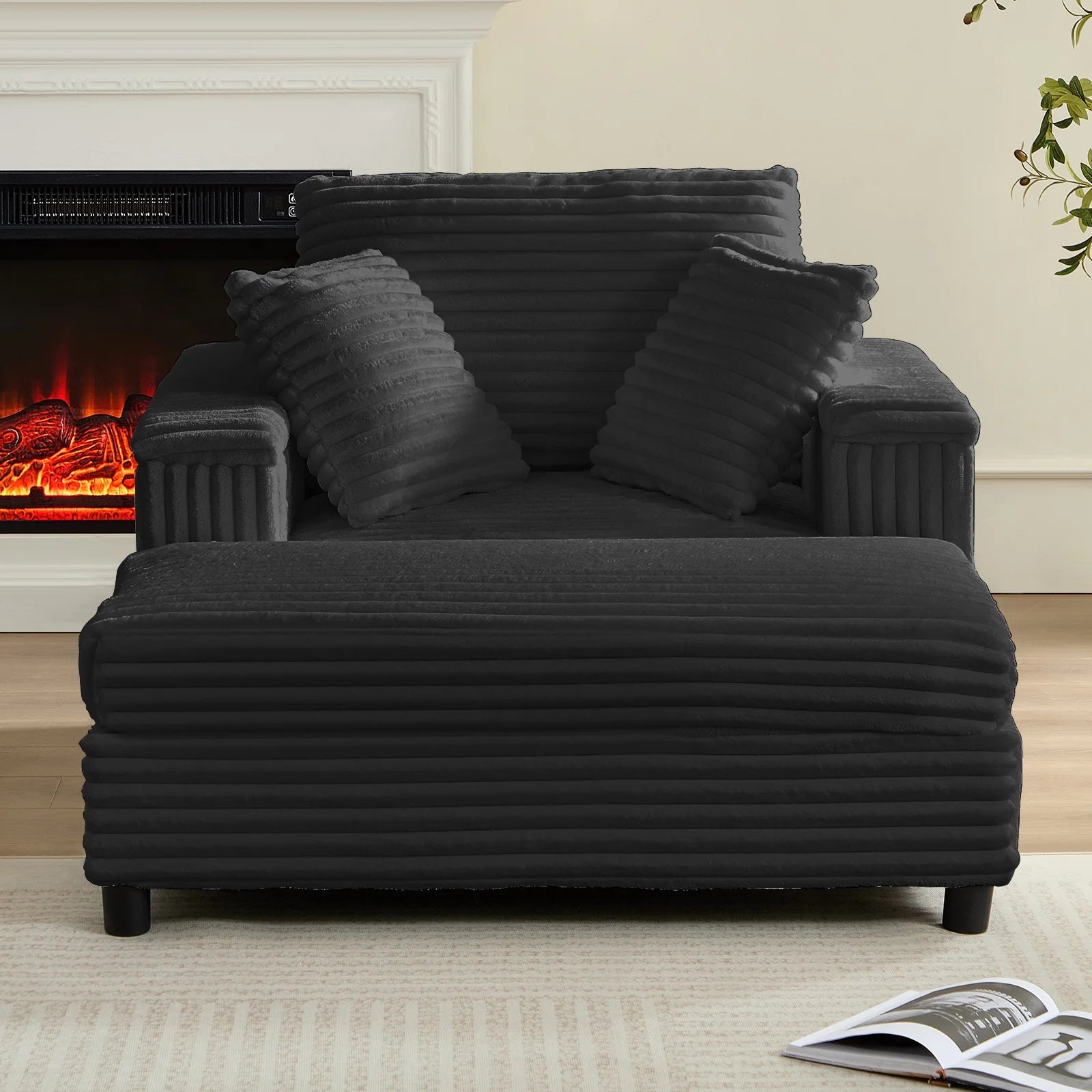 ZAFLY 44" Modern Corduroy Accent Armchair with Storage Ottoman for Living Room, Black