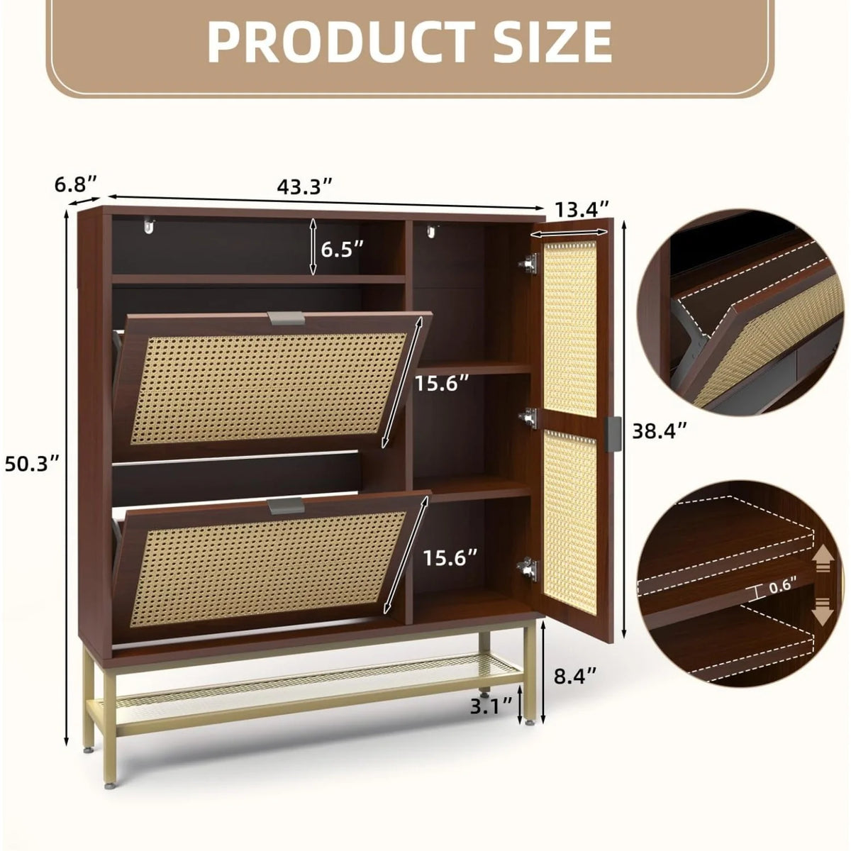 AECOJOY Rattan Shoe Cabinet with 3 Flip Drawers, Free Standing Shoe Storage Organizer with Adjustable Shelves, Fits 13 Shoes