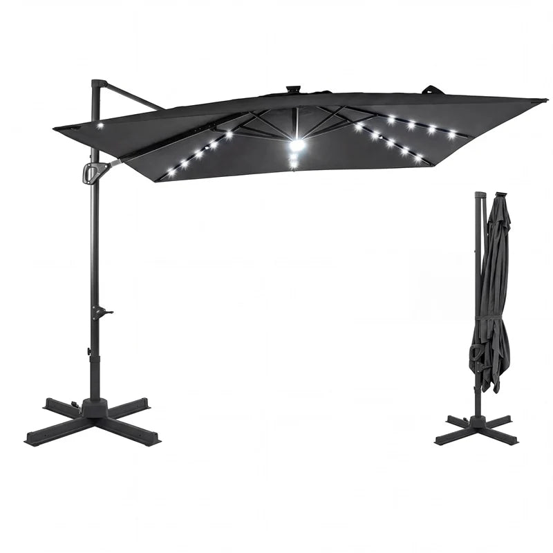 10 FT Cantilever Patio Umbrella with 32 Solar LED Lights, 360° Rotation & Easy Tilt, Square Outdoor Offset Hanging Umbrella with Cross Base