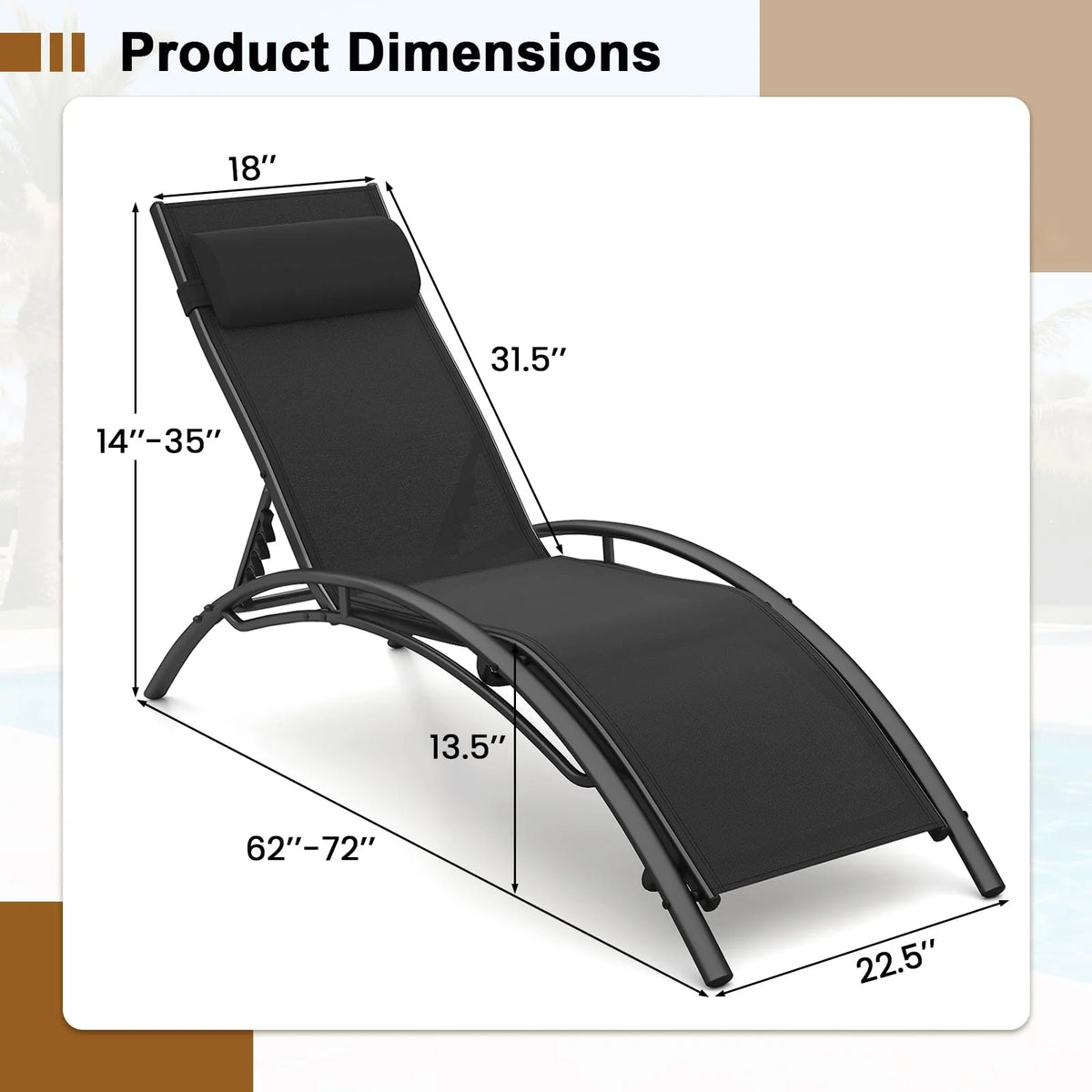 Tangkula Patio Chaise Lounges with 5-Position Backrest-Black