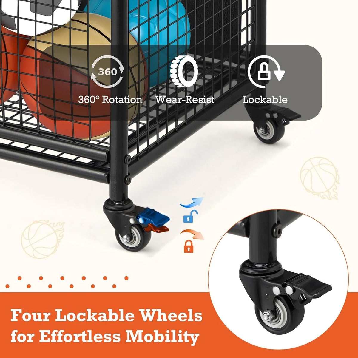 AECOJOY Ball Cart Storage, Rolling Basketball Bin with Wheels for Garage, School, Gym, Sports Equipment and Toy Organizer, Medium