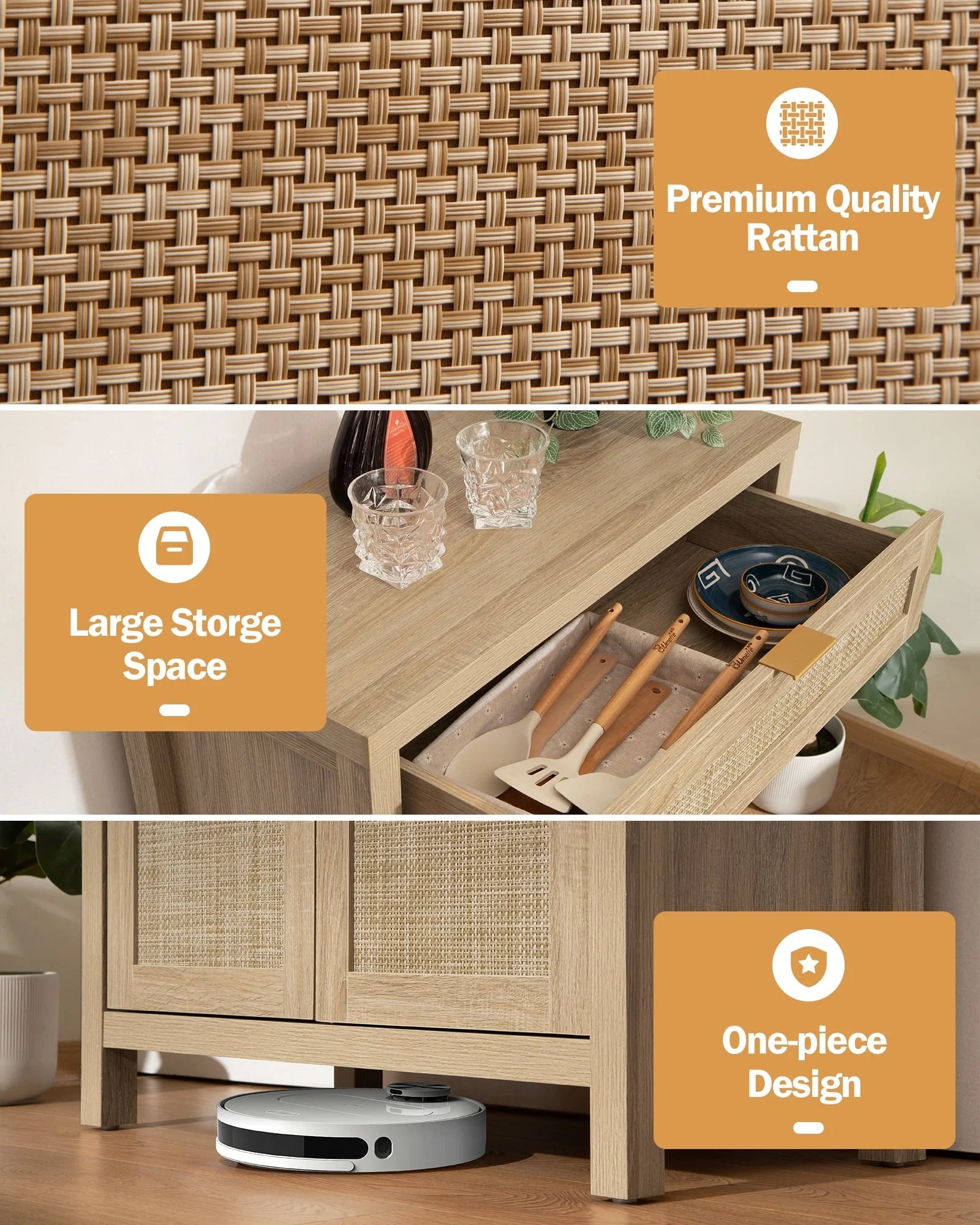 Nopurs Rattan Sideboard Buffet Cabinet Set of 2, Boho Storage Cabinet Buffet Table with Doors and Drawer, Coffee Bar Cabinet for Kitchen Entryway Living Dining Room, Light Oak