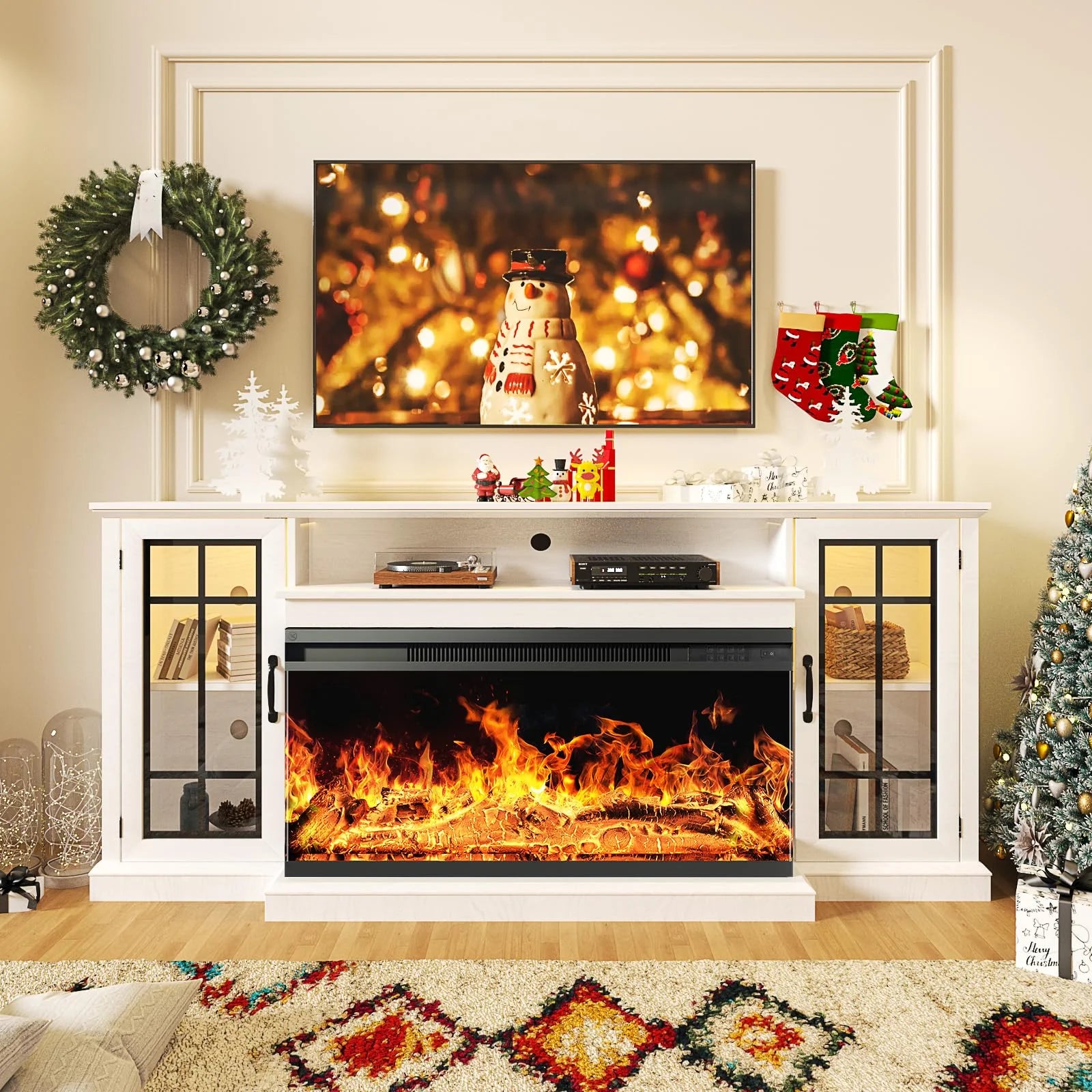 Easoger Fireplace TV Stand for Tvs up to 65", 12 Flame Colors&12 LED Light Colors, TV Console with 3-Sided Glass Fireplace, for Living Room, Gray
