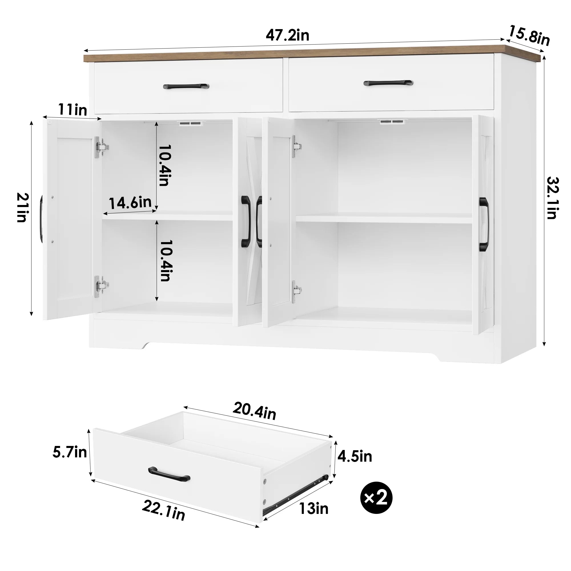 Hiphuta 47"farmhouse Sideboard Storage Cabinets with 4 Doors & 2 Drawers, Coffee Bar with Brown Top for Living Room, White