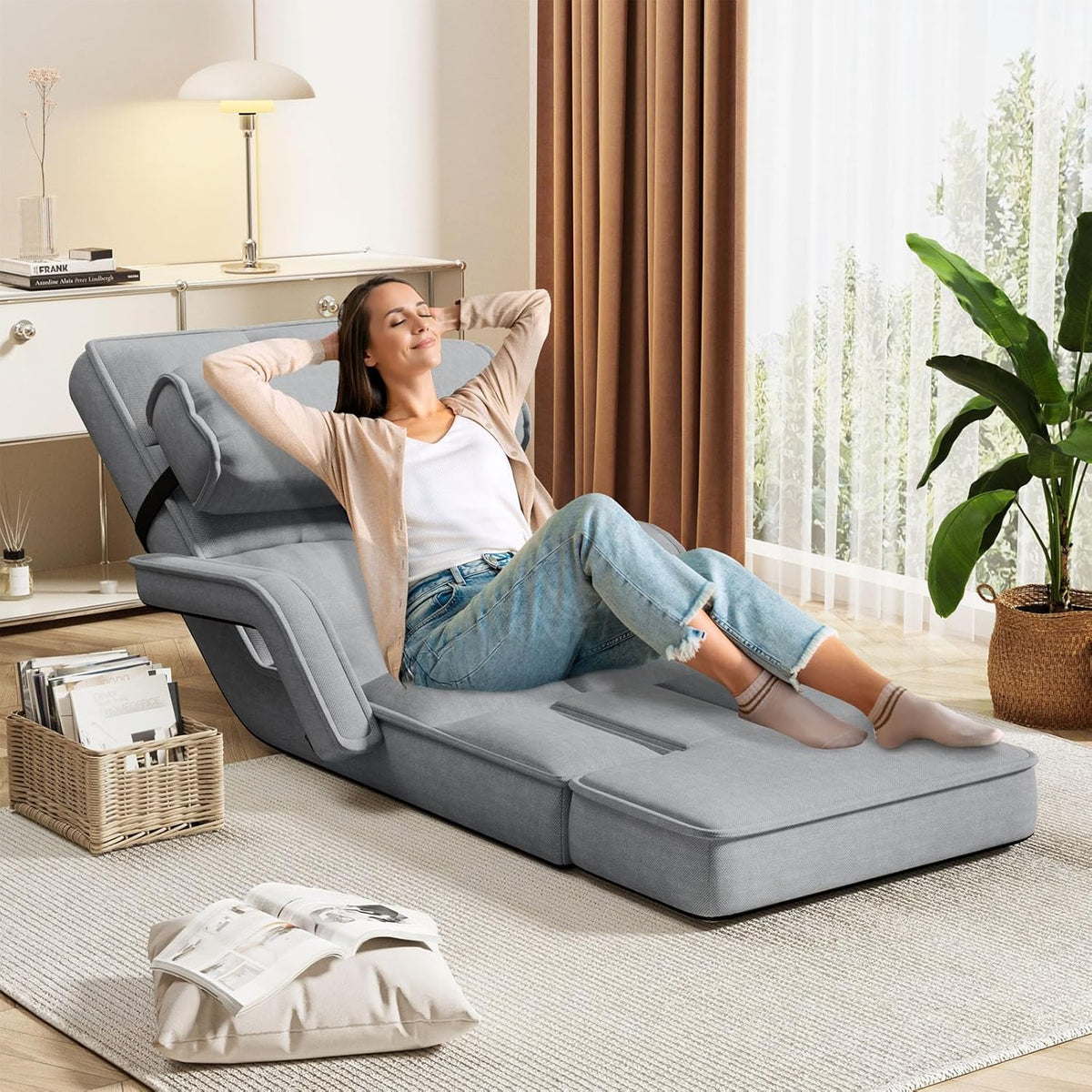 AECOJOY Floor Chair, Padded Folding Gaming Chair with 14-Level Adjustable Backrest, Portable Lazy Sofa