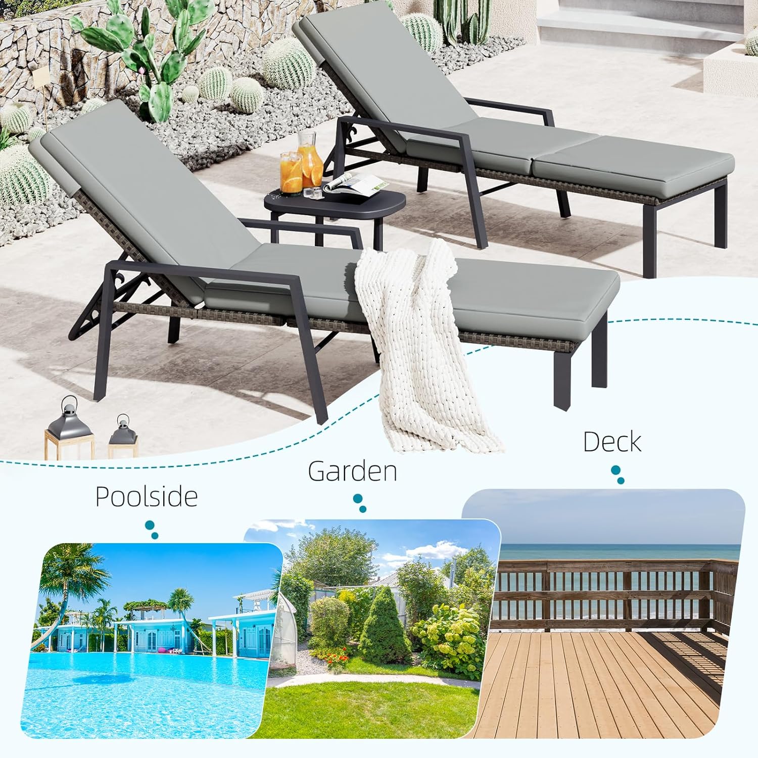 AECOJOY Chaise Lounge Chairs for Outside Set of 2, Adjustable Wicker PE Rattan Patio Pool Recliner Chair with Removable Cushion